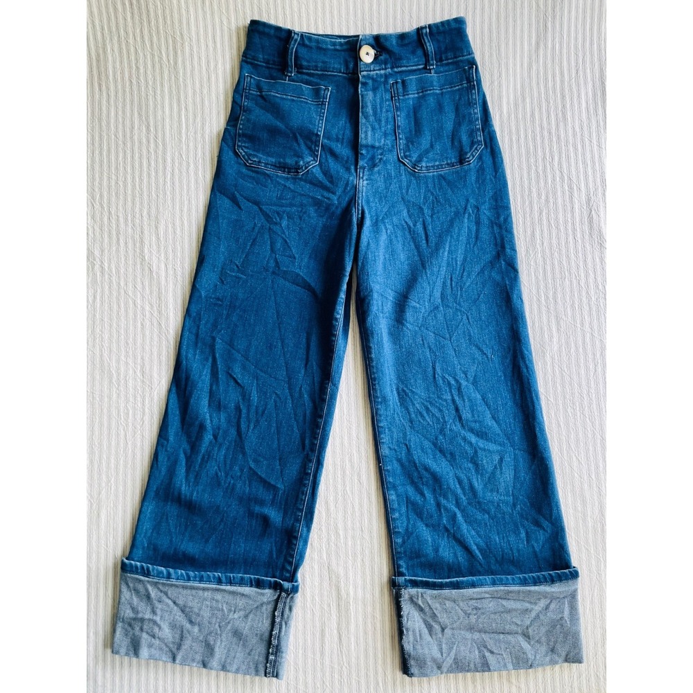 Maeve Anthropologie The Colette Wide Leg Cuffed Jeans Blue Denim 28 OB1968456